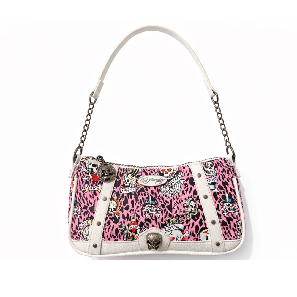 Ed Hardy Pink Leopard Skull Shoulder Bag w/ Crossbody Strap Y2K